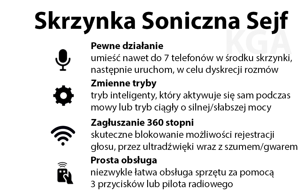Profesjonalna Skrzynka Ultra soniczna Sejf KGA, Szkatułka blokująca nagrywanie i nasłuch GSM