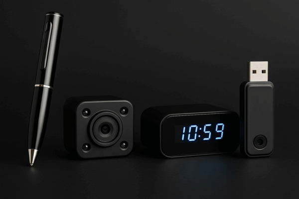 Mini kamery szpiegowskie długopis z kamerą, ukryta kamera IR, zegar cyfrowy z funkcją monitoringu i kamera w pendrive USB – nowoczesne urządzenia szpiegowskie na czarnym tle